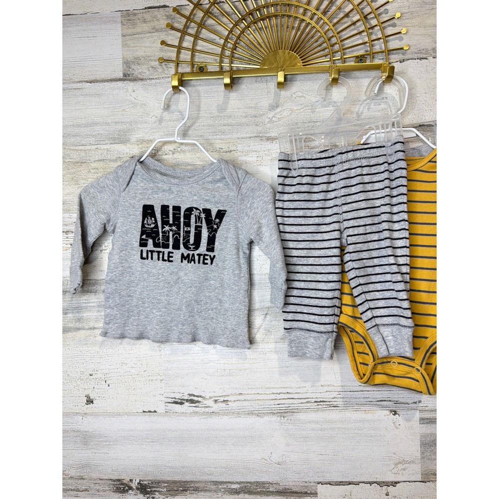 Carter's 4pc Outfit Set Boys 3 Months Gray Yellow Striped Nautical Coastal EUC - Picture 2 of 3